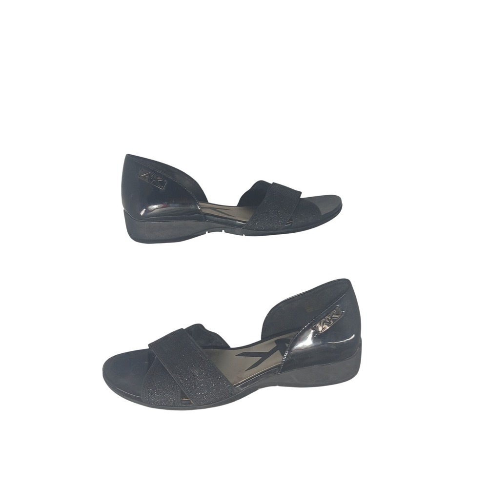 Anne Klein Sport Akkarol Wedge Sandals 7M Black Patent Shimmer D'Orsay Open Toe
